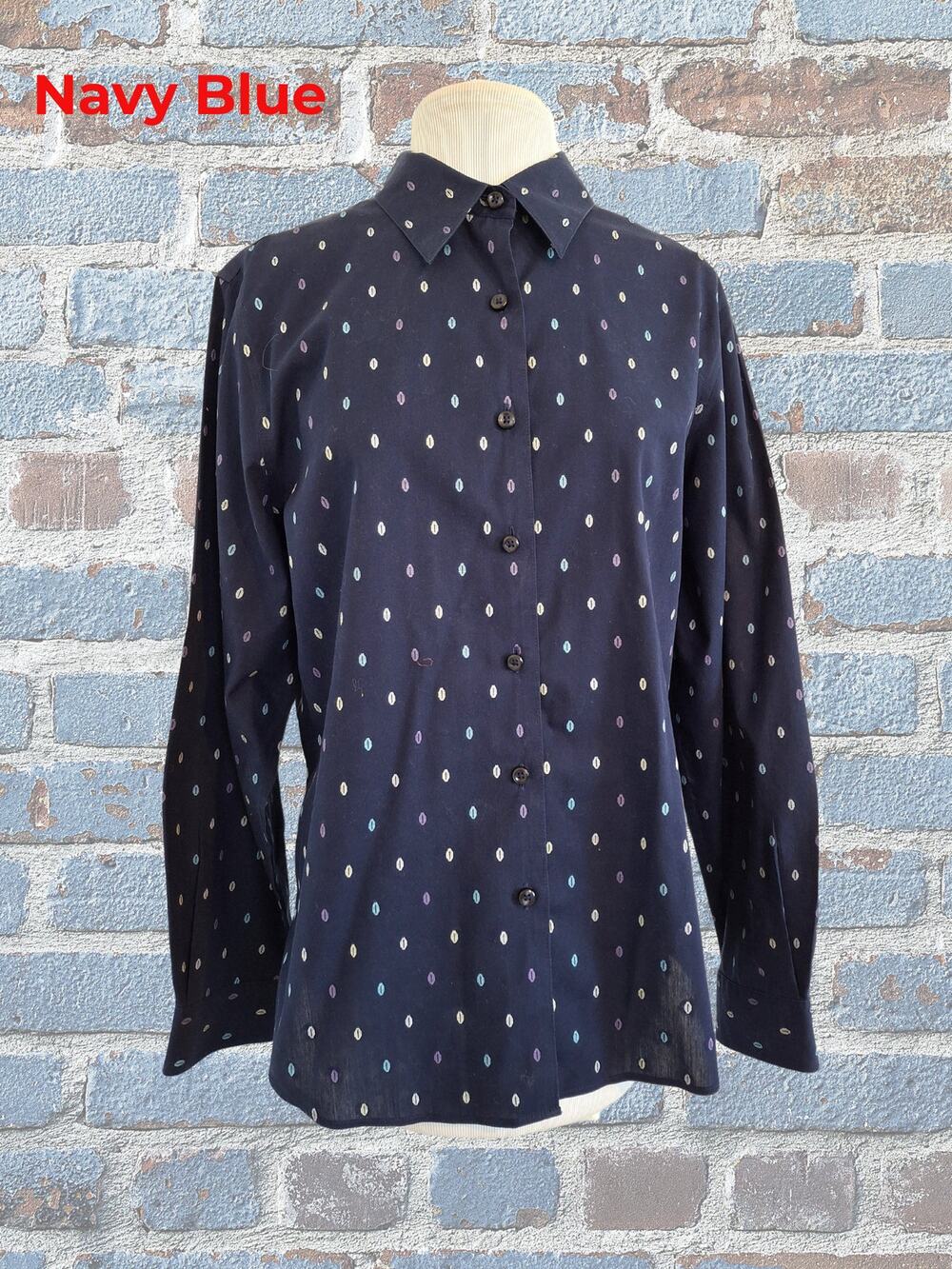 Foxcroft Navy Blue with White Design Size 12 Button-Down Front Ladies Top
